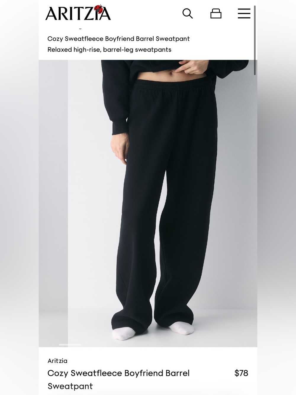 Aritzia Black Cozy Sweatfleece Barrel Leg Wide-Leg Sweatpants